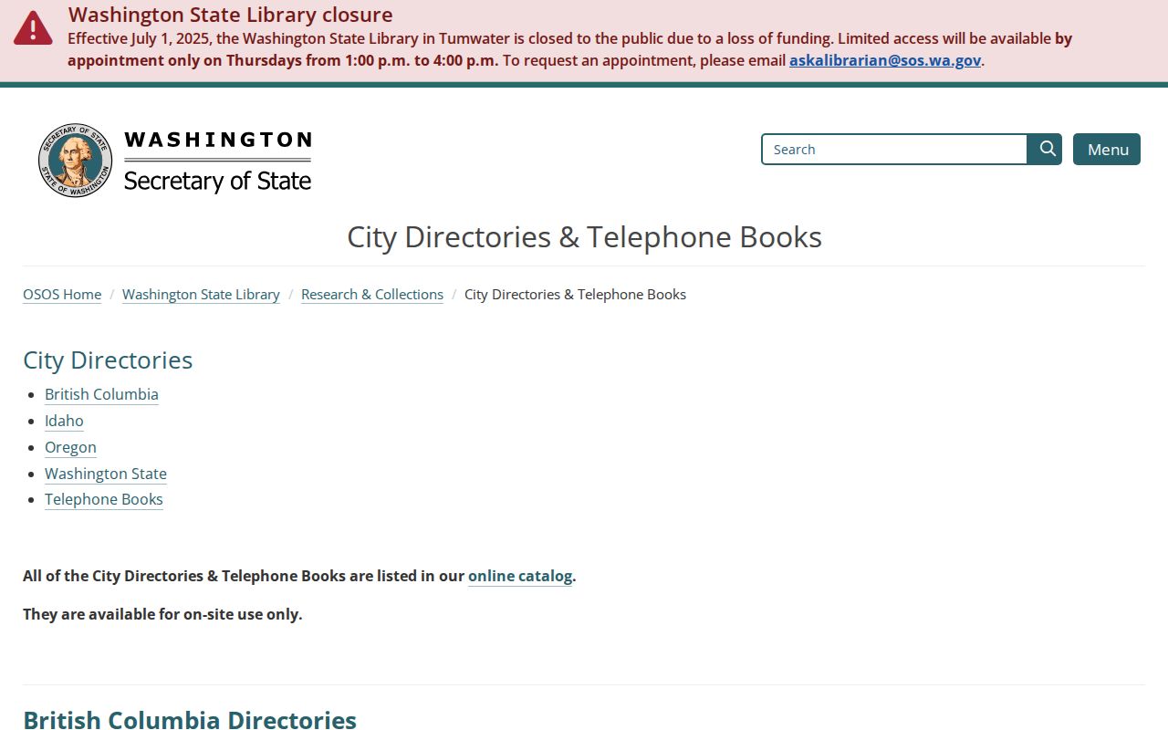 Washington State Library directory collections relevant to Martha Lake research
