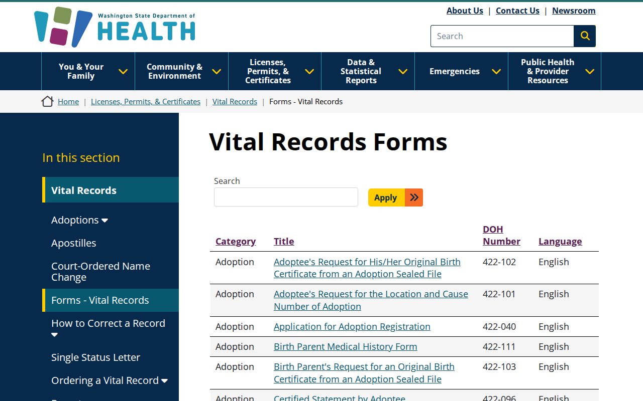 Martha Lake resident lookup Washington vital record forms